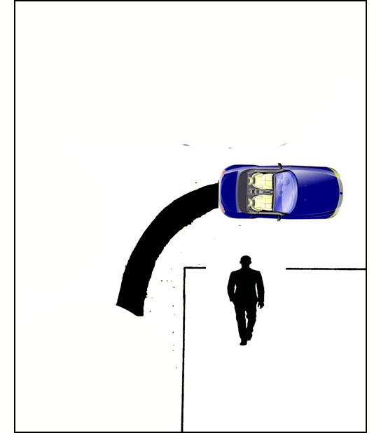 Drawing shows a pedestrian at a corner facing north with the parallel street on his left. A vehicle on the nearest lane of the street beside him is heading north and turning right to cross the pedestrian's crosswalk.